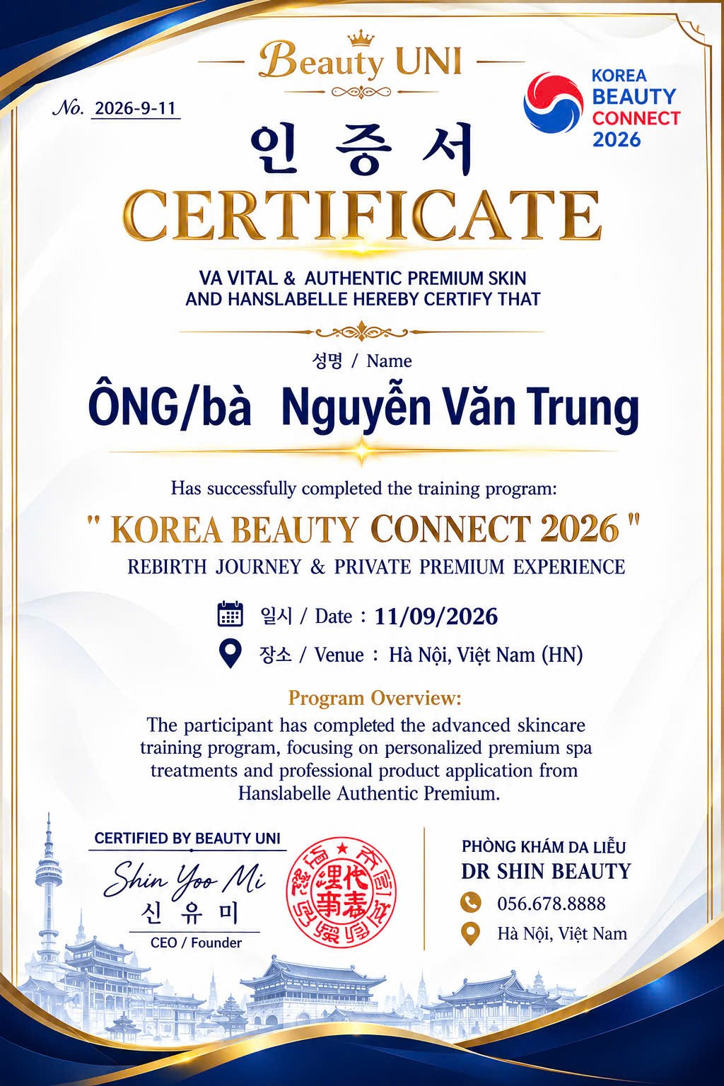 Mẫu chứng nhận Korea Beauty Connect 2026 do BTC Hàn Quốc cấp